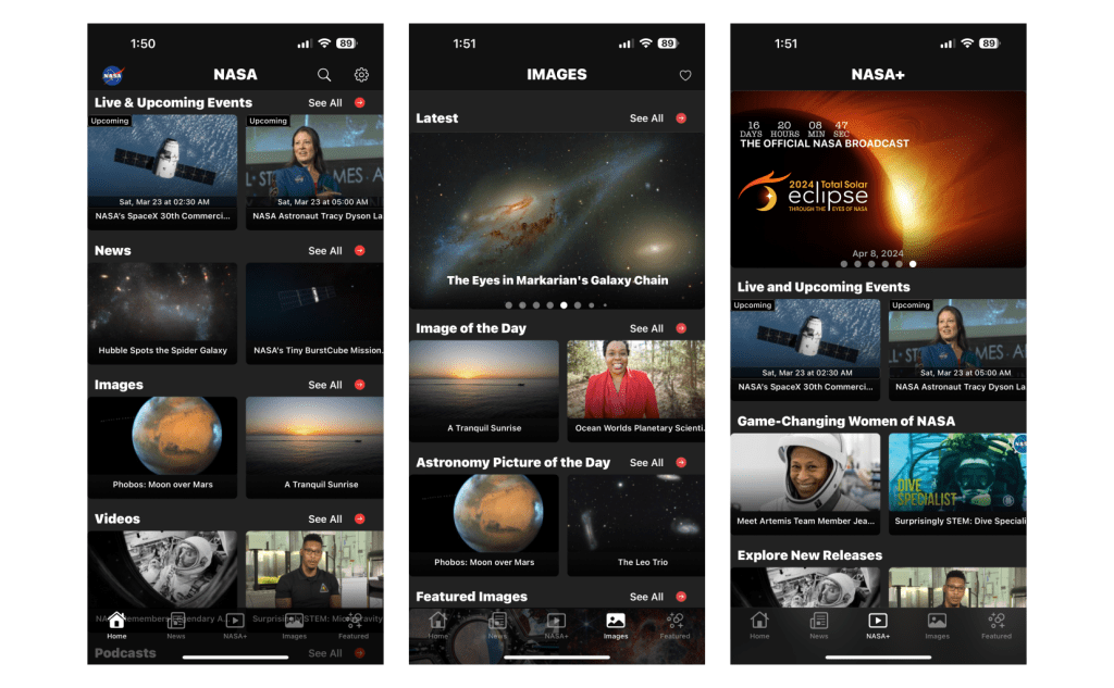 Three screenshots of the NASA app on iOS.