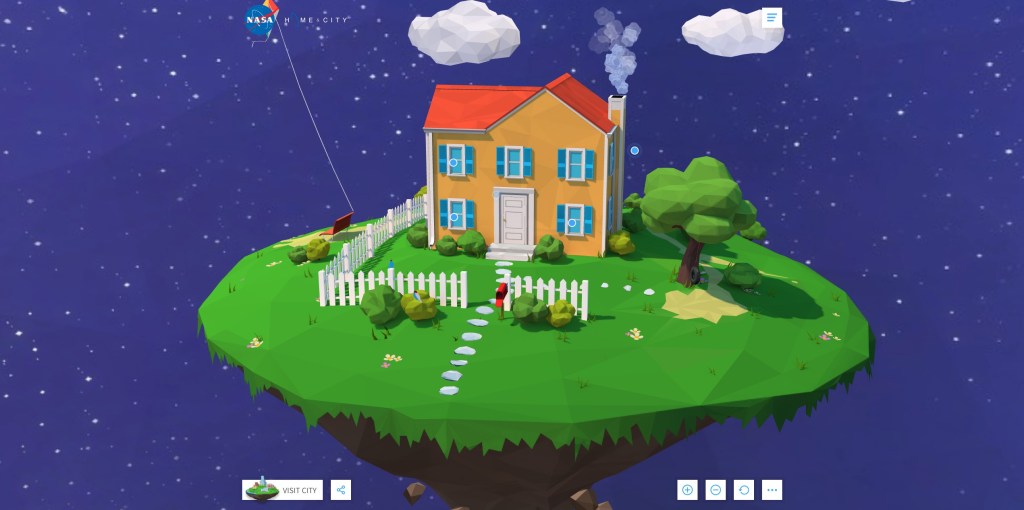 A house and yard float on a chunk of land in space