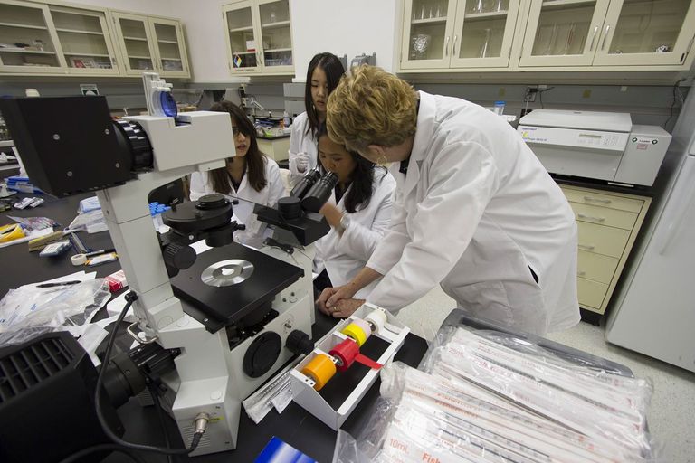 A group of 4 scientists in white lab coats
