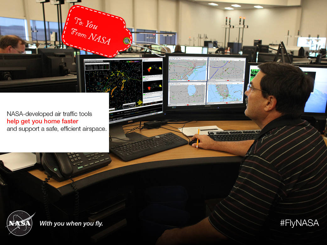 NASA-developed air traffic tools help get you home faster and support a safe, efficient airspace. Image showing someone sitting at a desk looking a...