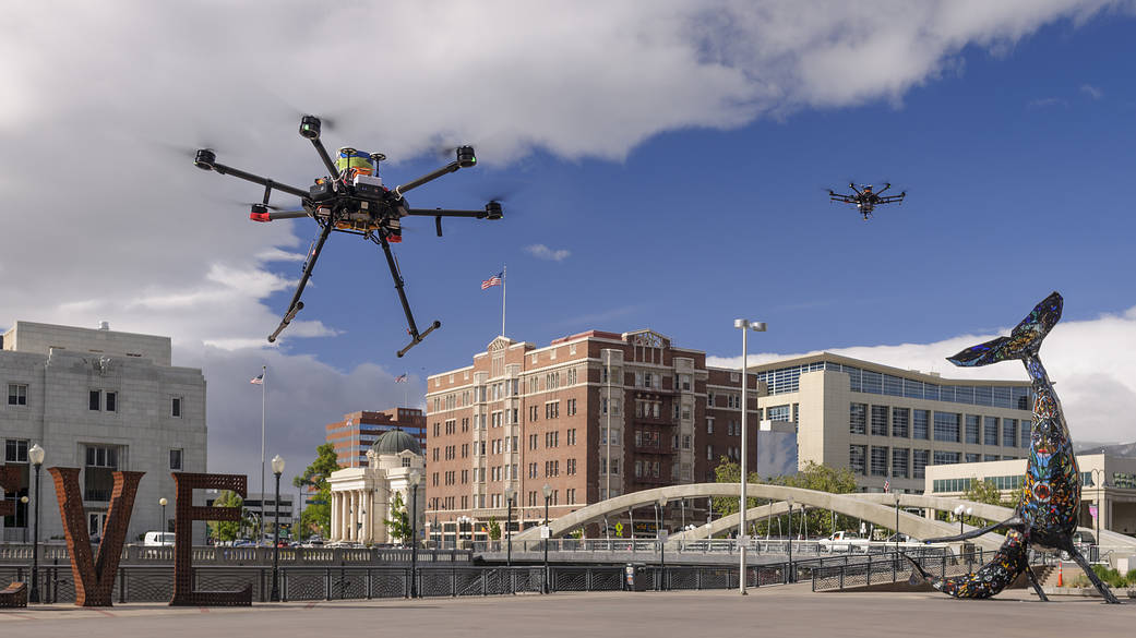 Two drones in flight in Reno, Nevada.