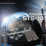 Portion of the STS-131 Discovery mission poster showing the ISS, a shuttle launching, and the Earth