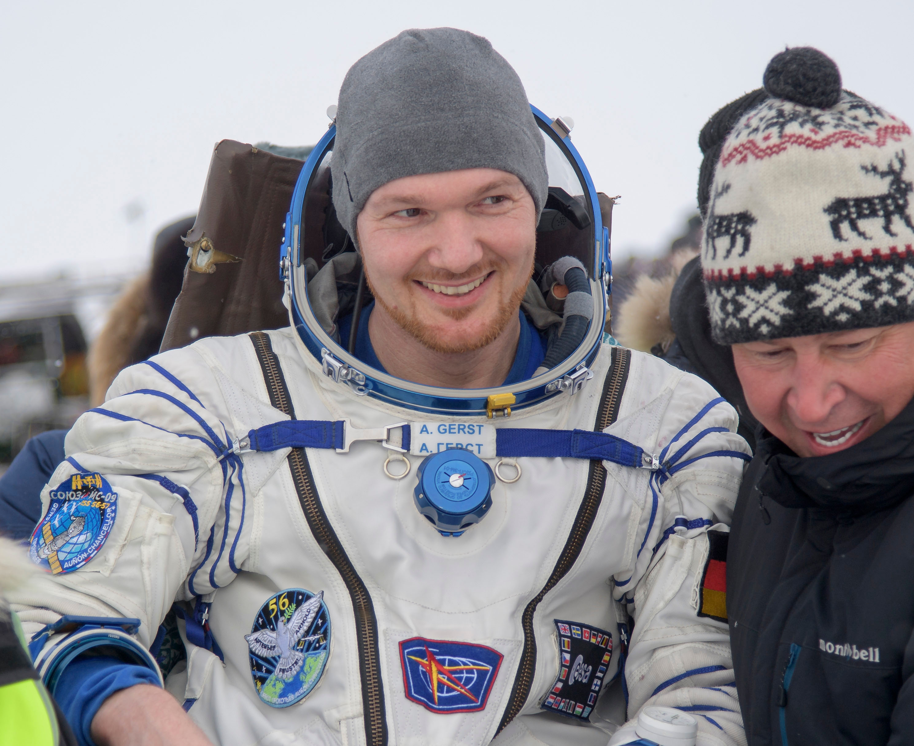 Alexander Gerst of ESA (European Space Agency) is carried to a medical tent shortly after he, Sergey Prokopyev of Roscosmos, and Serena Auñón-Cha...