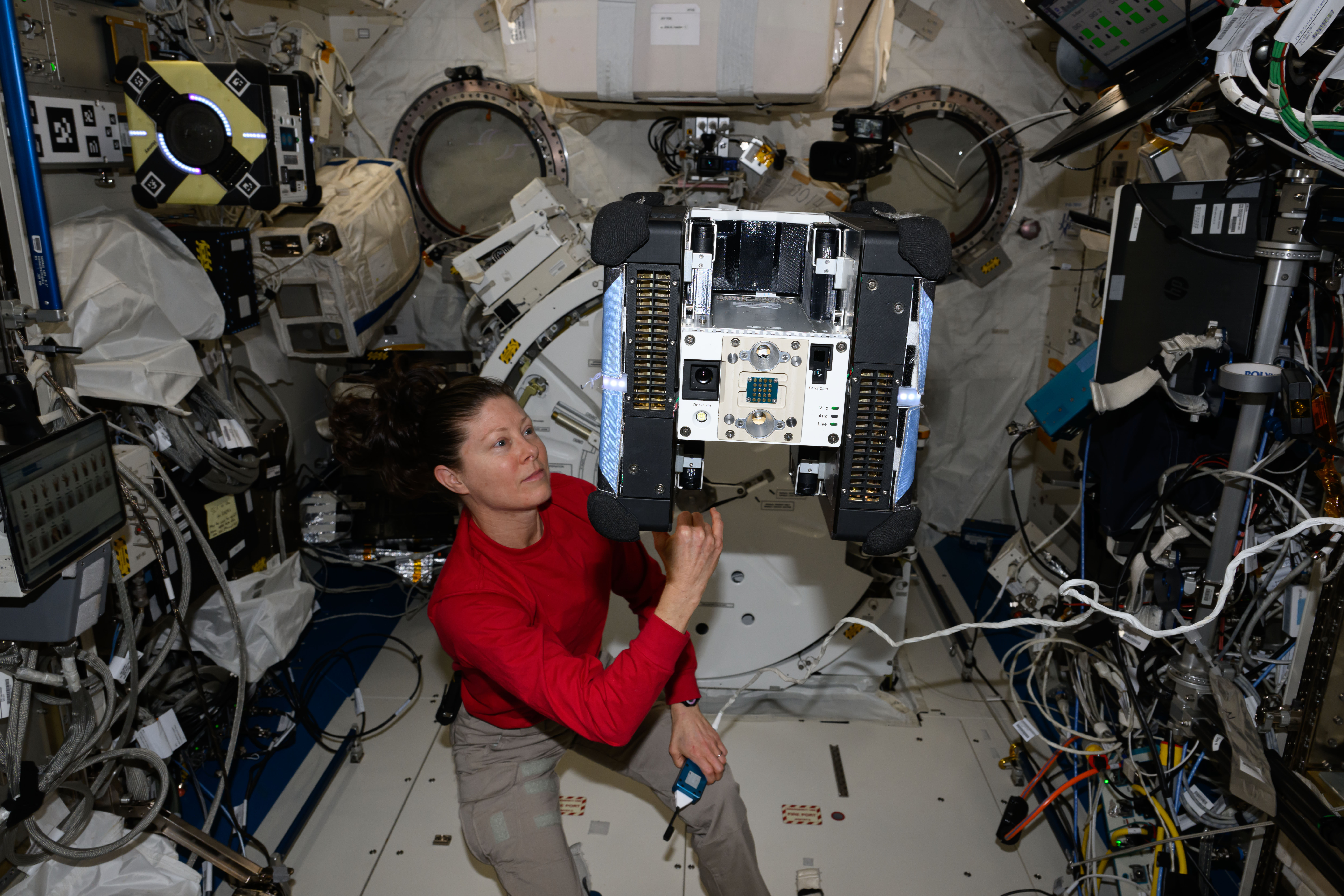 NASA astronaut Tracy C. Dyson, wearing a long-sleeved red shirt and khaki pants, is touching an Astrobee floating just above her left shoulder with...