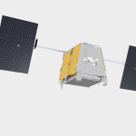 A cube-shaped platform flanked on either side by solar panels.
