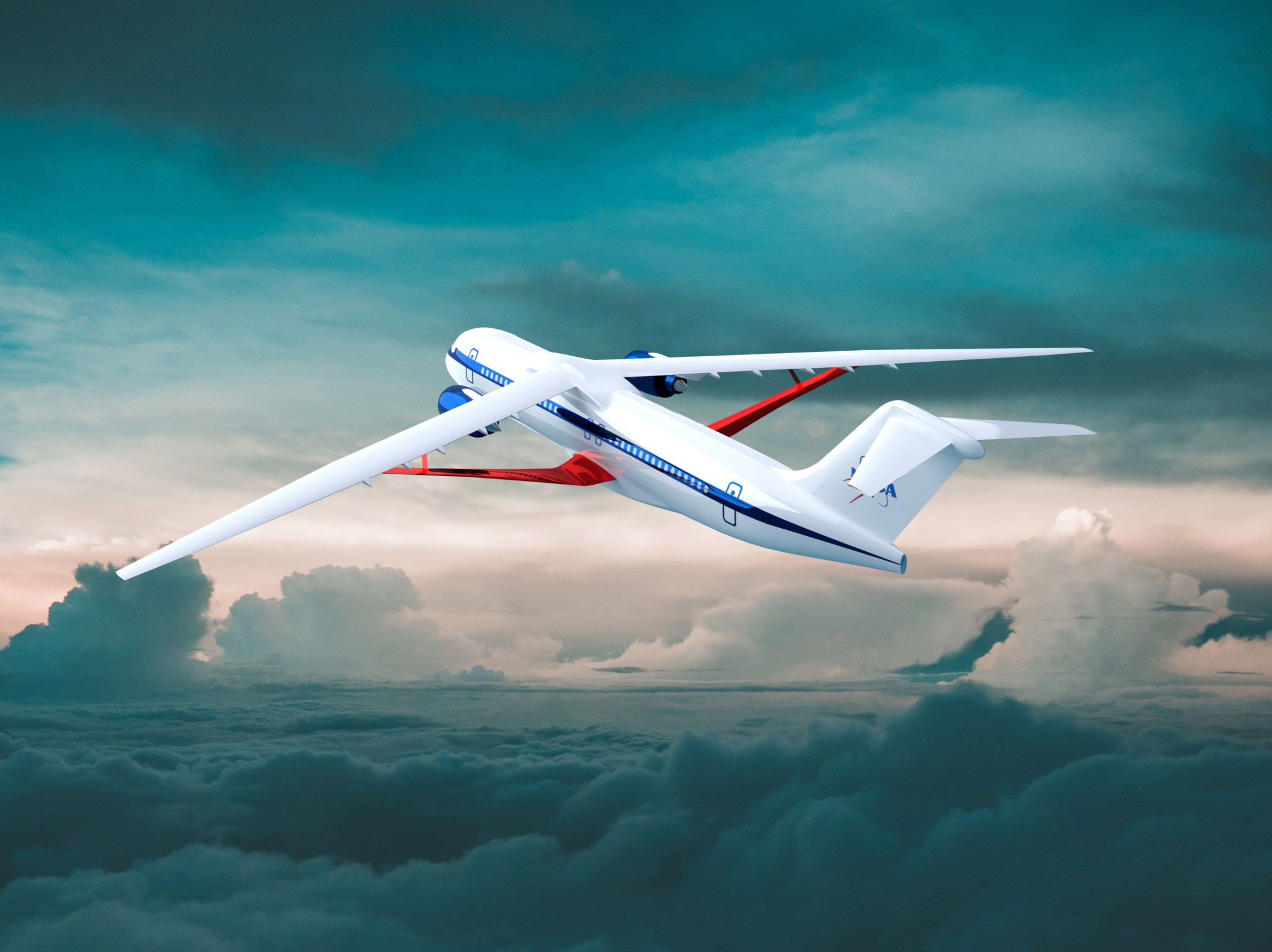 Artist’s concept of how the truss braced wings would look on an aircraft with the longer, thinner wings braced by a truss, which is seen in red.