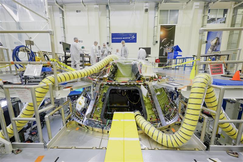 Photo shows Orion spacecraft with yellow air ducts.