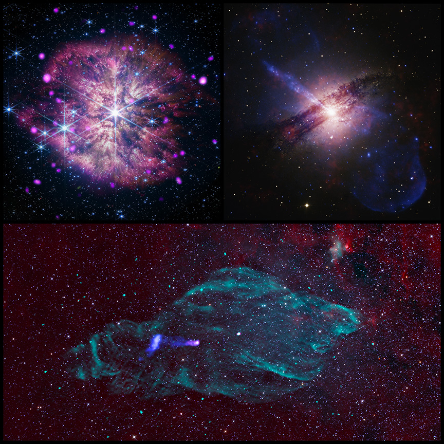 WR124 is an extremely bright, short-lived massive star known as a Wolf-Rayet that may collapse into a black hole in the future. SS 433 is a binary, or double system, containing a star like our Sun in orbit with either a neutron star or a black hole. The galaxy Centaurus A has an enormous black hole in its center that is sending a booming jet across the entire length of the galaxy